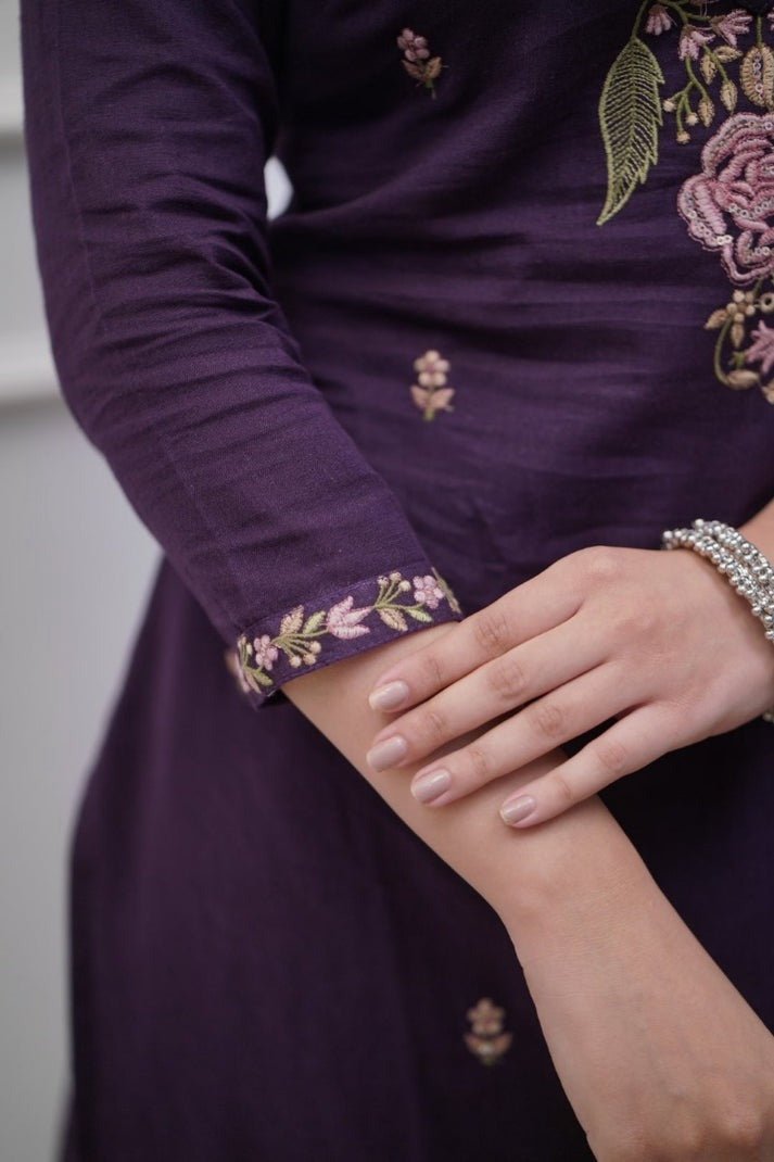 Pure Cotton Purple Embroidery Work Suit Set