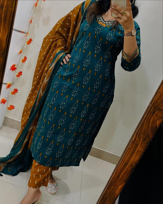 Elegant Teal & Mustard Ikat Print Cotton Suit Set
