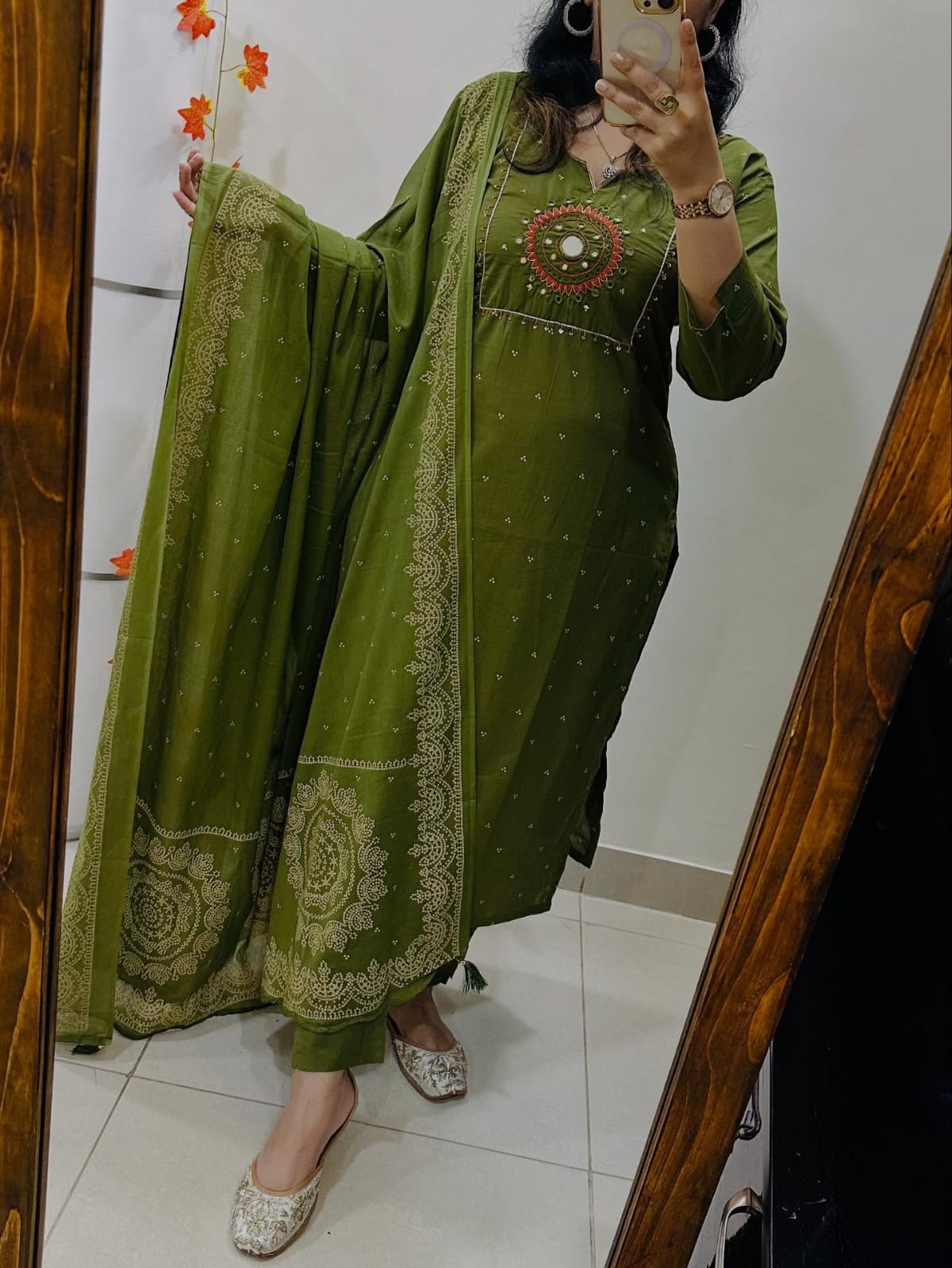 Green Discharge Print Kurti With Pant And Dupatta Set