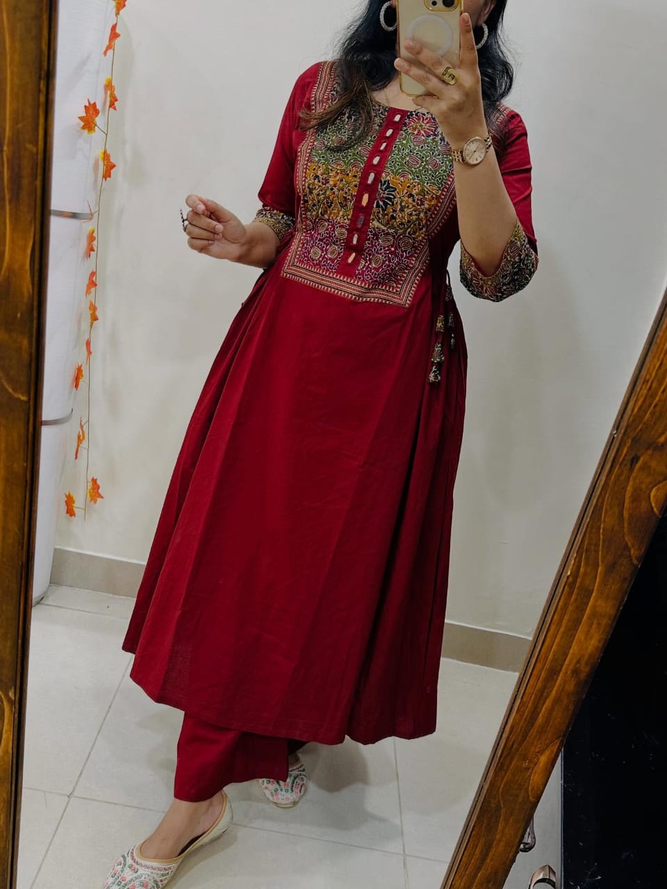 Red Solid A-Line Kurta With Pant Set