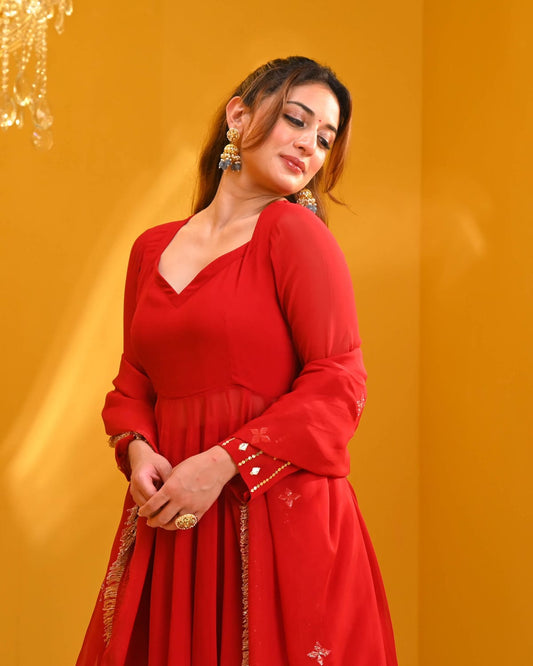 Red Rayon Anarkali Kurta Pant & Dupatta Set
