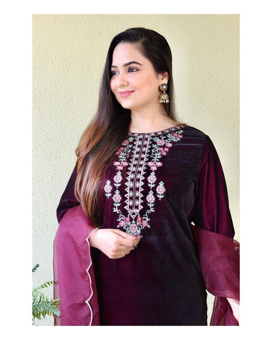 Maroon Velvet Suit set with embroidery for winter wear - Beautiful flower embroidery -suit, salwar and dupatta