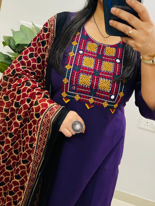 Premium Cotton Embroiderd Kurti With Pant And Dupatta Set
