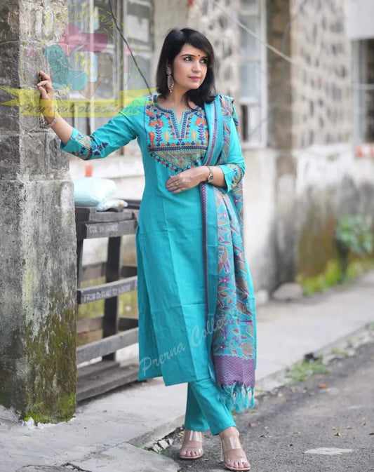 Elegant Blue Cotton Embroidered Kurta Set with Khaddar Silk Dupatta