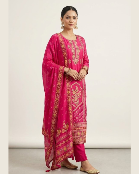 Pure Muslin New Arrivels Festivel Pink Rani Special 3 Piece Set