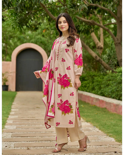 Blush Pink & Yellow Bloom Handwork Mul Cotton Suit