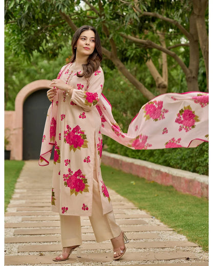 Blush Pink & Yellow Bloom Handwork Mul Cotton Suit