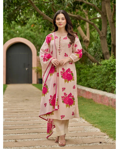 Blush Pink & Yellow Bloom Handwork Mul Cotton Suit