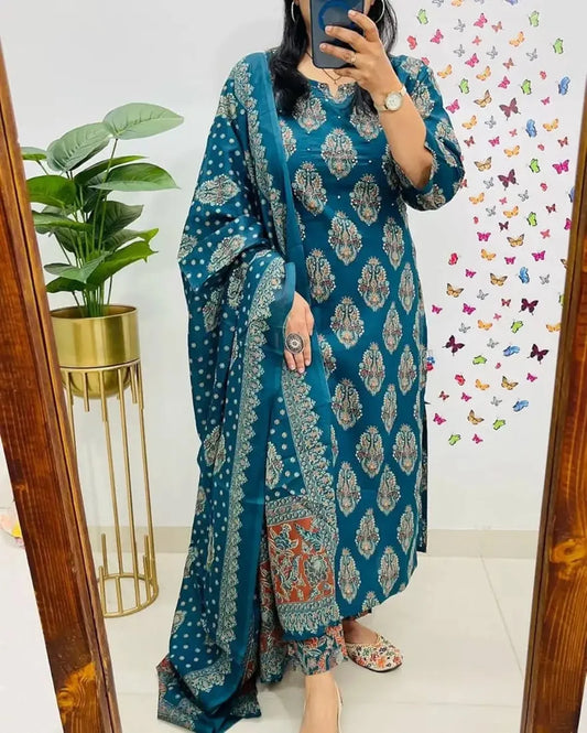 Aerial Blue & Wine Cotton Straight Kurta Set