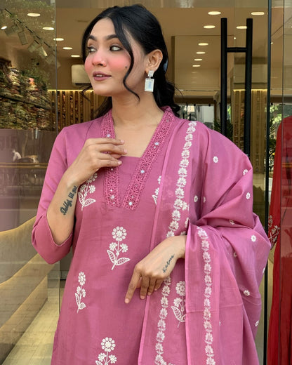 Rose Pink Kurti Set with Floral Embroidery