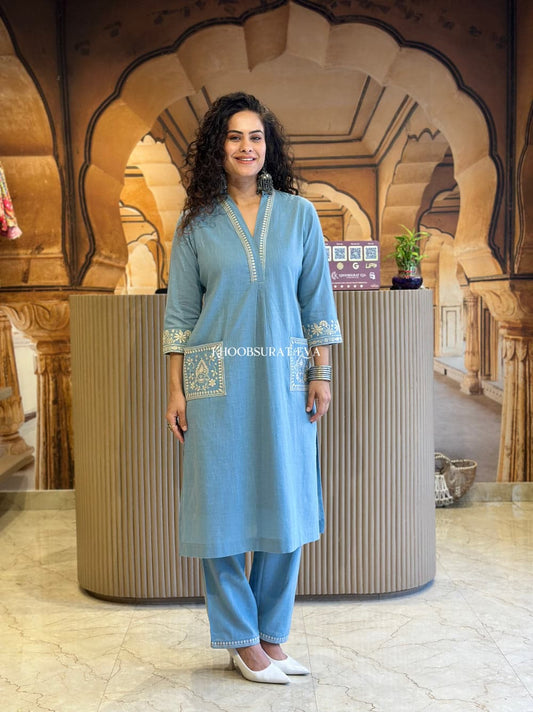 Libas India Elegant Sky Blue Embroidered Cotton Kurta Set