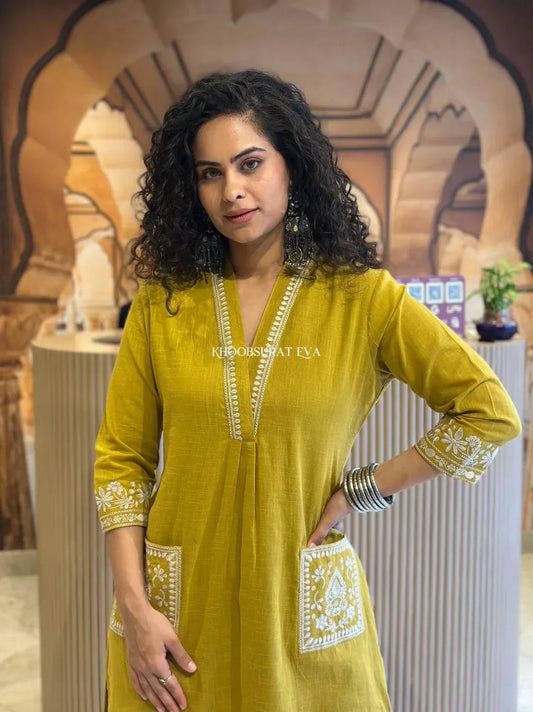 Libas India Mustard Yellow Cotton Kurta With White Embroidery