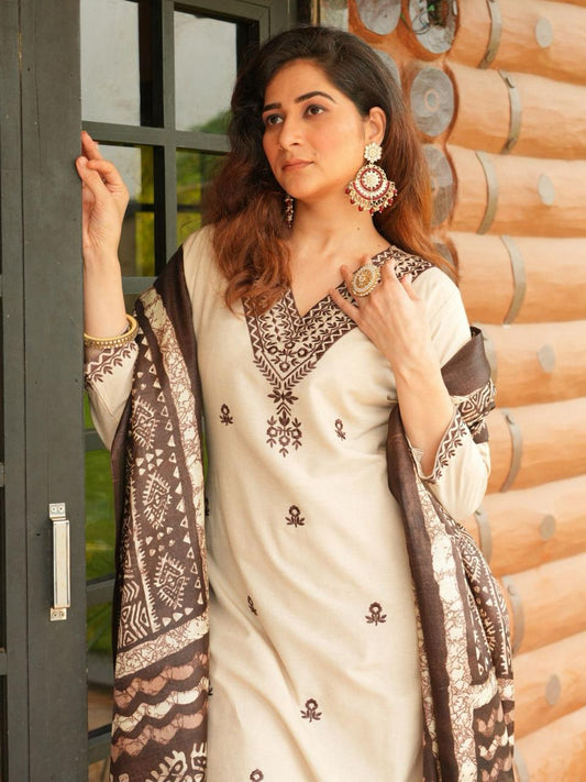 Libas Beige Printed Khadi Cotton Kurta Set