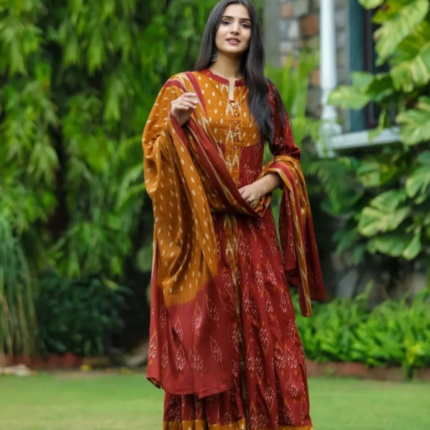 Ikkat Print Stylish Kurti With Pant And Dupatta Set