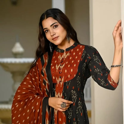 Ikkat Anarkali Kurti With Pant And Dupatta Set