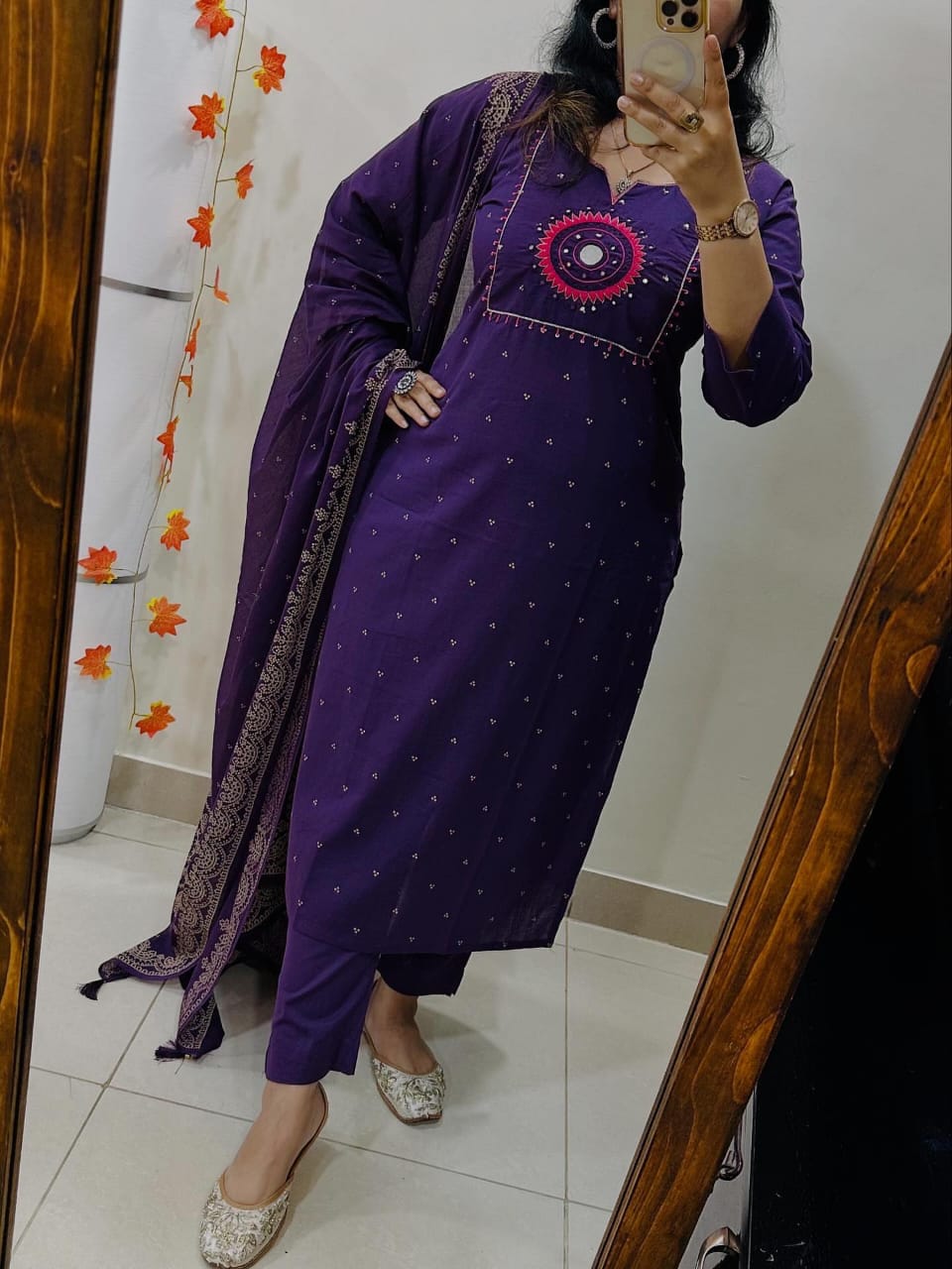 Purpal Discharge Print Kurti With Pant And Dupatta Set