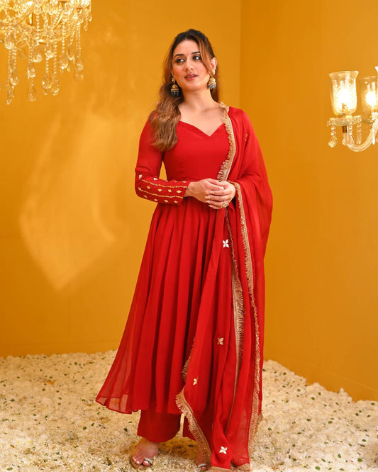 Red Rayon Anarkali Kurta Pant & Dupatta Set