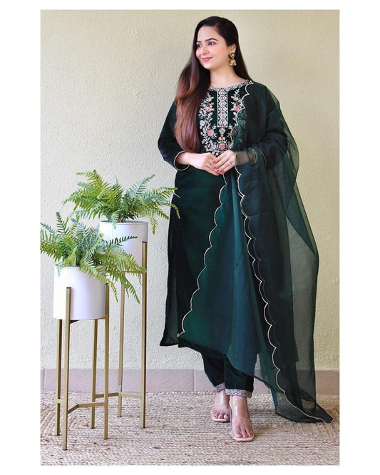 Green Velvet Suit set with embroidery for Womens