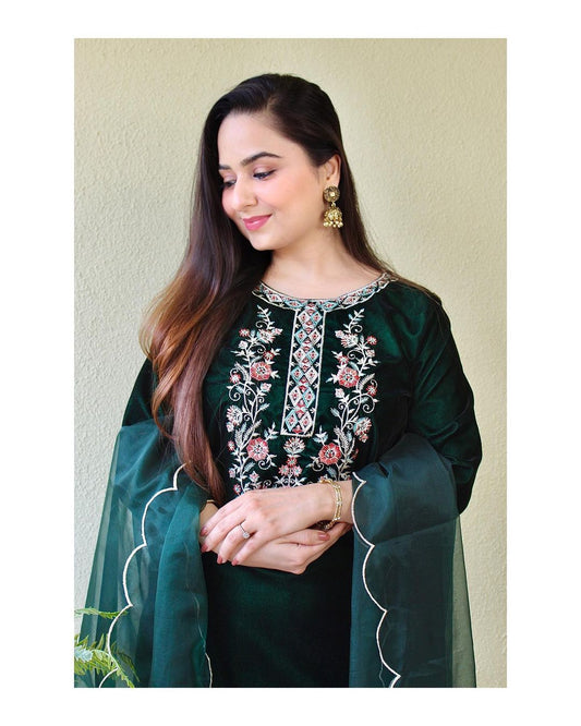 Green Velvet Suit set with embroidery for Womens