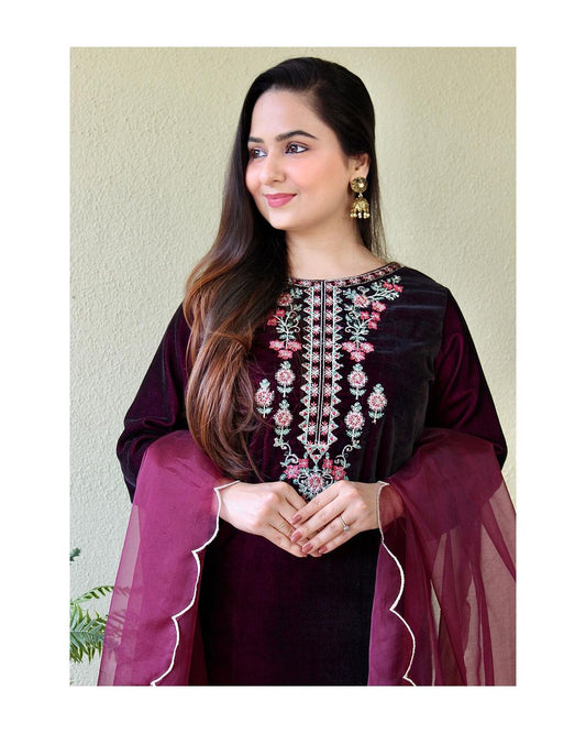 Maroon Velvet Suit set with embroidery for winter wear - Beautiful flower embroidery -suit, salwar and dupatta