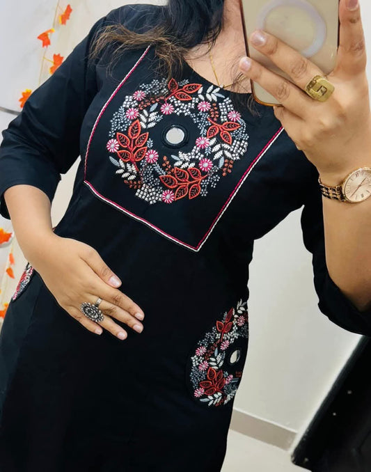 Solid Embroidered Kurti Pant Set