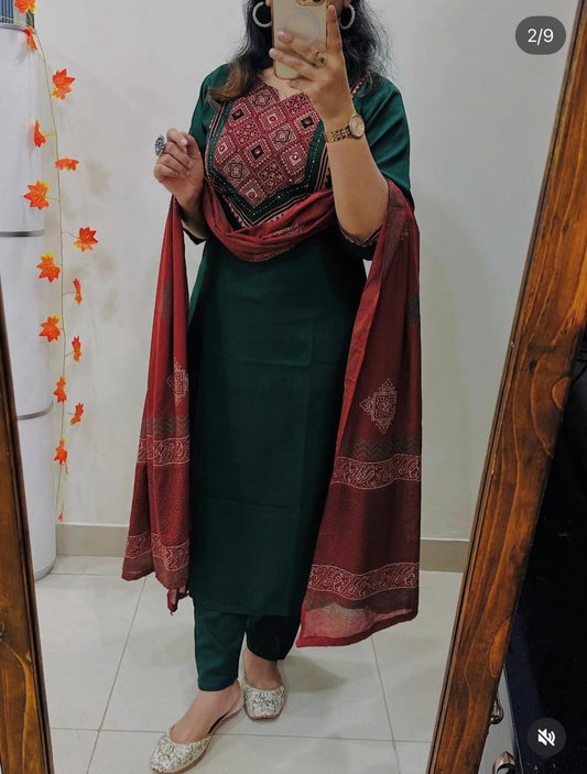 Beautiful Solid Kurti With Same Maching Pant And Printed Dupatta Set