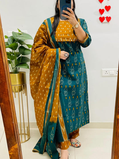 Ikkat Print Havy Hand Wrok Kurti Pant Dupatta Set