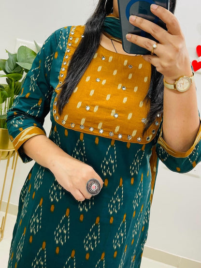 Ikkat Print Havy Hand Wrok Kurti Pant Dupatta Set