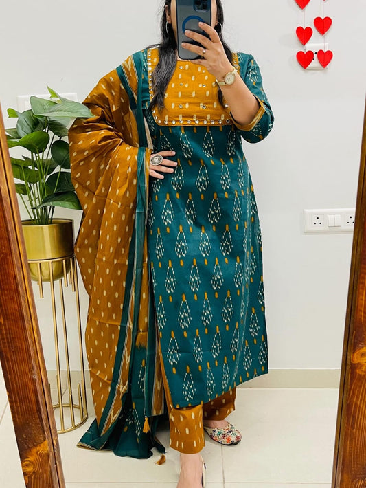 Ikkat Print Havy Hand Wrok Kurti Pant Dupatta Set